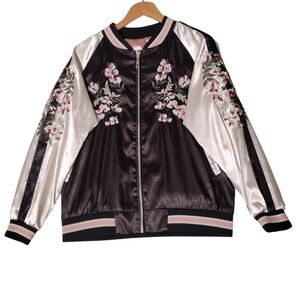 Venus Black Satin Reversible Jacket Embroidered Floral Pink White Women's Size S